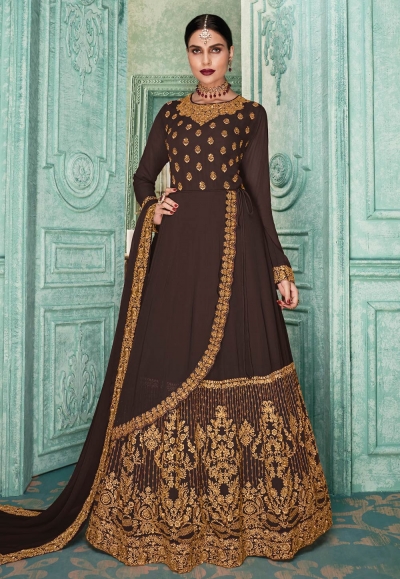 Brown faux georgette embroidered layared anarkali suit SJ86