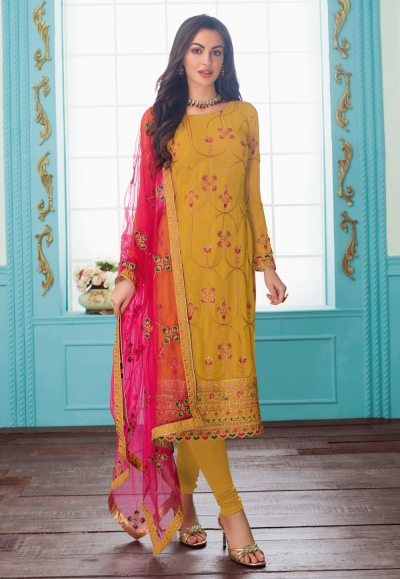 Mustard georgette churidar salwar kameez 7083