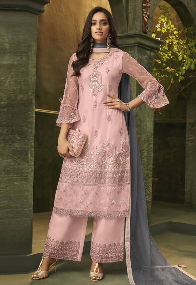 Pink net embroidered palazzo suit 4943