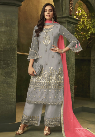 Gray net embroidered palazzo suit 4947