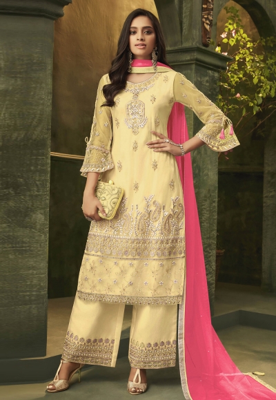 Yellow net embroidered palazzo suit 4945