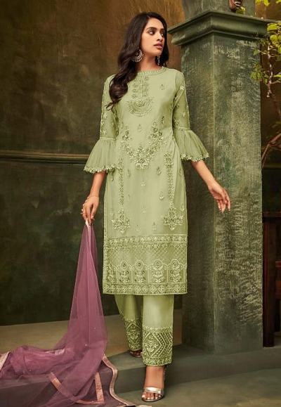 Light green net embroidered pant style suit 4948