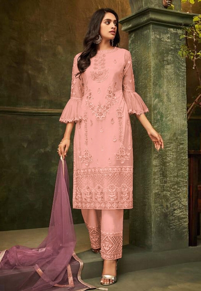 Pink net embroidered kameez with pant 4951