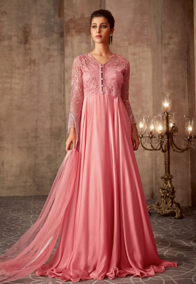 Pink silk embroidered floor length anarkali suit 75003