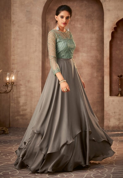 Gray silk embroidered layered abaya style anarkali suit 75005