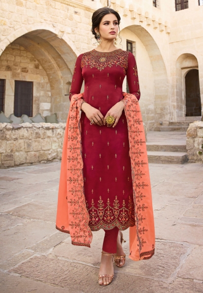 Maroon satin kameez with pant 18075