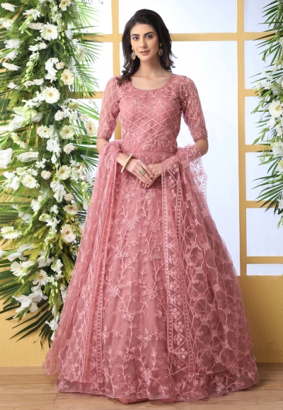 Pink net embroidered abaya style anarkali suit 4202