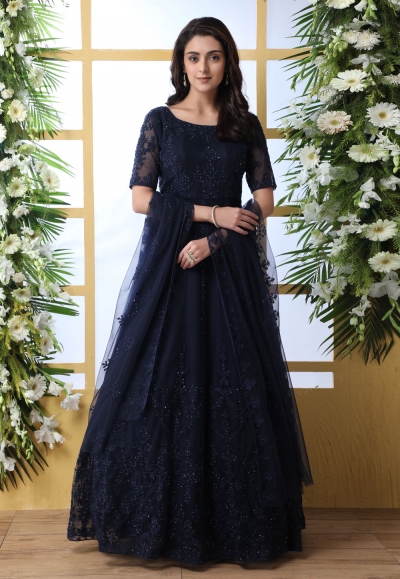 Navy blue net embroidered long anarkali suit 4204