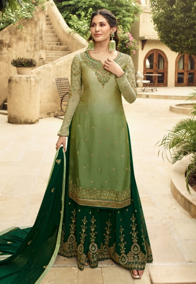 Light green satin embroidered kameez with palazzo 5401