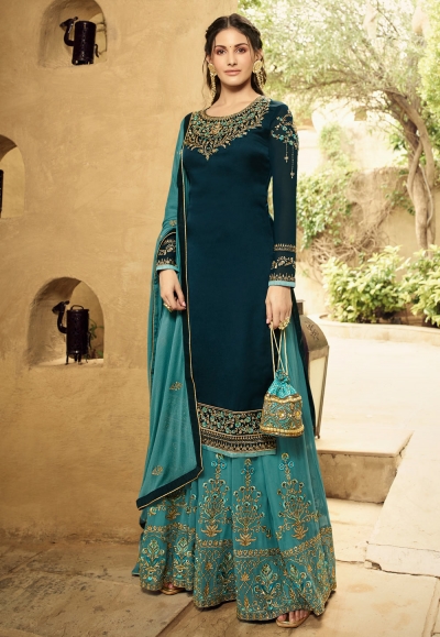 Blue satin embroidered kameez with palazzo 5405