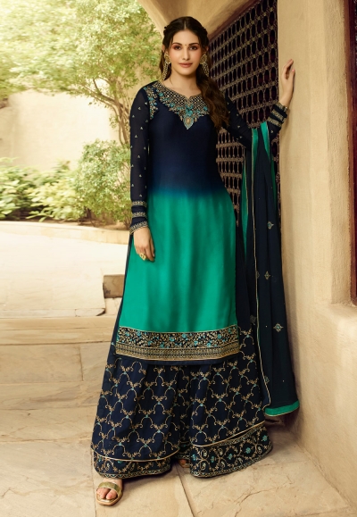 Navy blue satin embroidered kameez with palazzo 5403