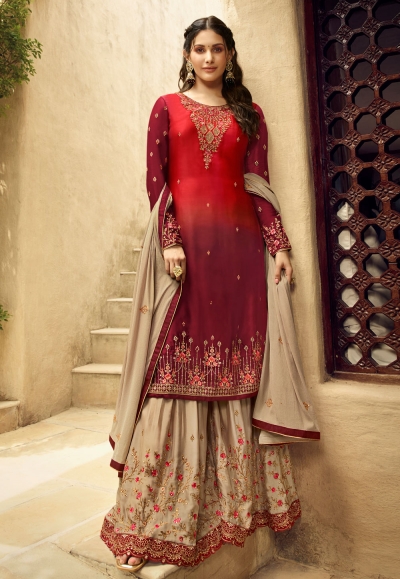 Maroon satin embroidered palazzo suit 5406