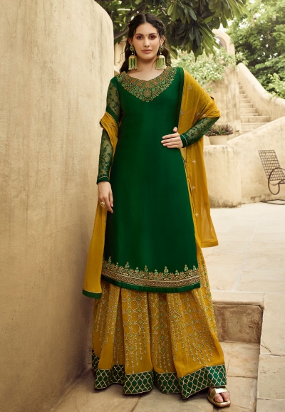 Green satin embroidered kameez with palazzo 5407