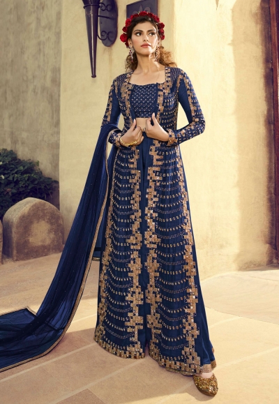 Navy blue silk embroidered designer suit with jacket 5503B