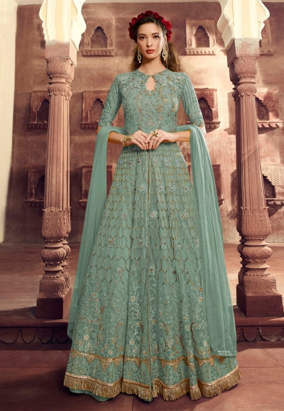 Sea green net embroidered long choli lehenga 5507B