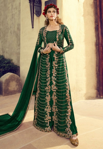 Green silk embroidered sharara suit with jacket 5503A