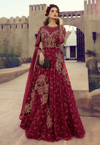 Magenta net embroidered abaya style anarkali suit 5505A