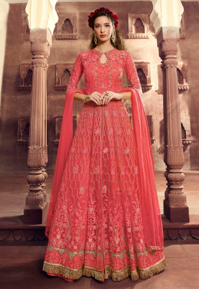 Pink net embroidered indo western lehenga choli 5507A