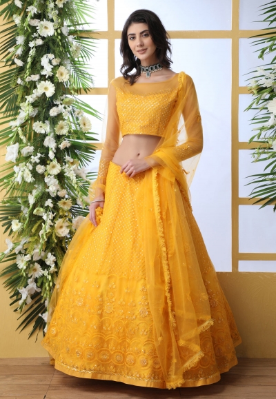 Yellow net embroidered circular lehenga choli 1214