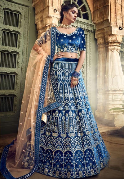 Blue velvet circular lehenga choli 3401