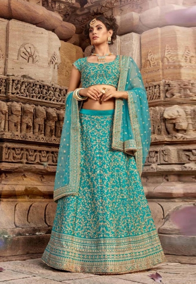 Turquoise satin embroidered circular lehenga choli 5170