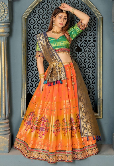 Orange jacquard embroidered circular lehenga choli 11214