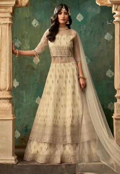 Beige net embroidered indo western lehenga choli 78004