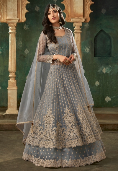 Gray net embroidered long choli lehenga 78003