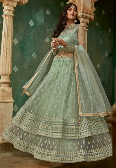 Light green net embroidered long choli lehenga 78005