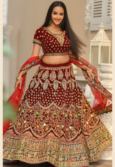 Maroon velvet embroidered circular lehenga choli 970