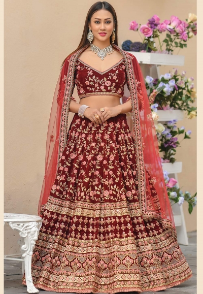 Maroon velvet embroidered circular lehenga choli 972