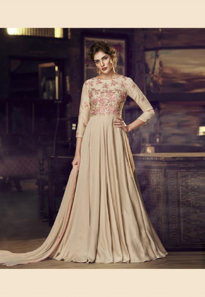 Beige satin readymade long anarkali suit 3082