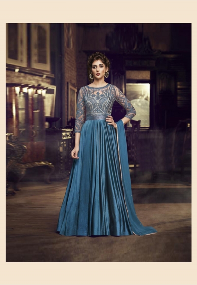 Blue satin readymade long anarkali suit 3080