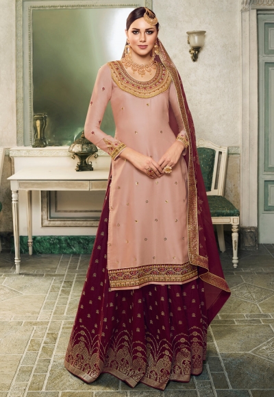 Peach satin long choli lehenga PRQ3968