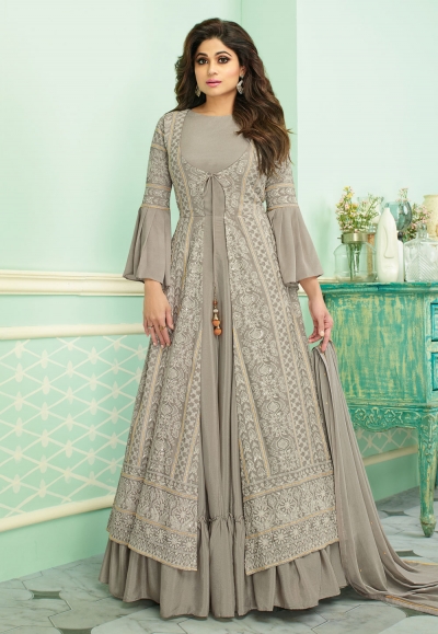 Shamita shetty gray georgette embroidered bollywood suit 7134