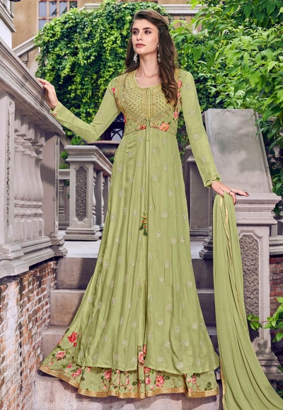 Light green jacquard jacket style anarkali suit 6407