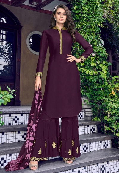 Purple silk embroidered sharara suit 6408