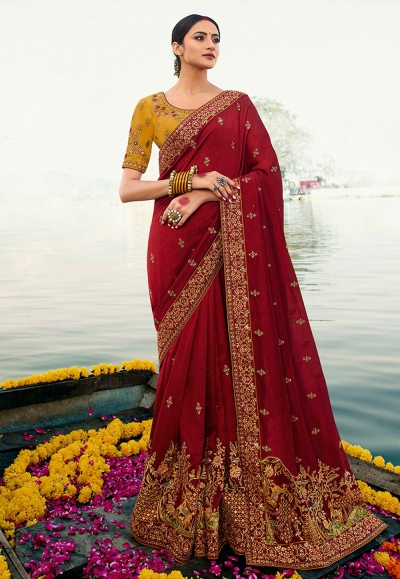 Maroon barfi silk embroidered party wear saree Palash9030