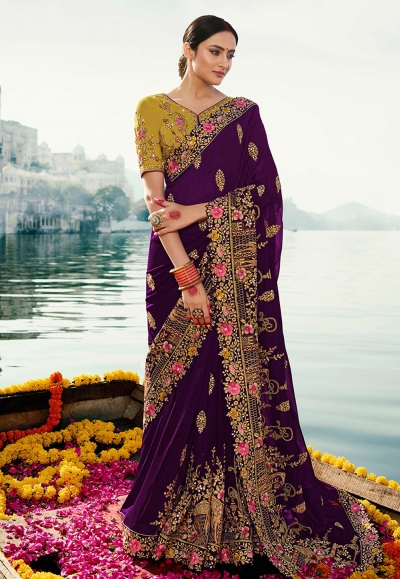 Purple barfi silk embroidered party wear saree Palash9032