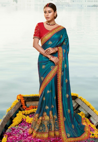 Blue barfi silk embroidered festival wear saree Palash9038