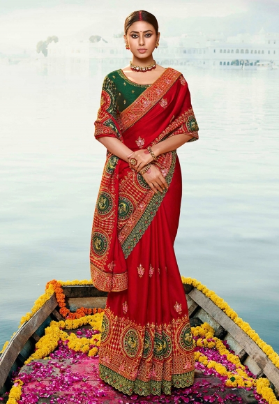 Red barfi silk embroidered saree with blouse Palash9039