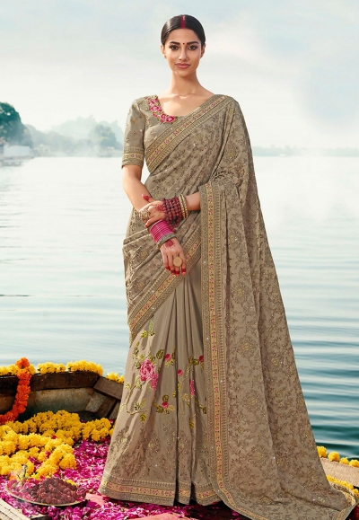 Gray barfi silk embroidered festival wear saree Palash9033