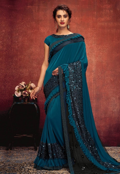 Blue lycra festival wear saree 11314