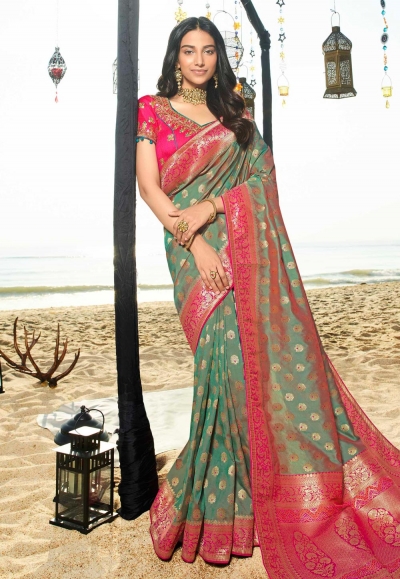 Sea green silk saree with blouse 90956