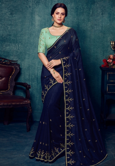 Navy Blue Banarasi Silk Beautiful Zari Weaving Saree With Brocade Blouse