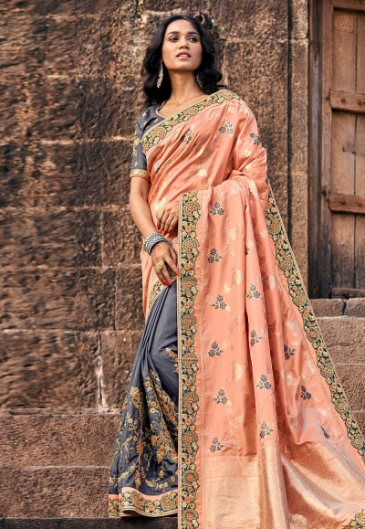 Peach silk embroidered half and half saree 3804