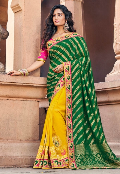 Green silk embroidered half and half saree 3805