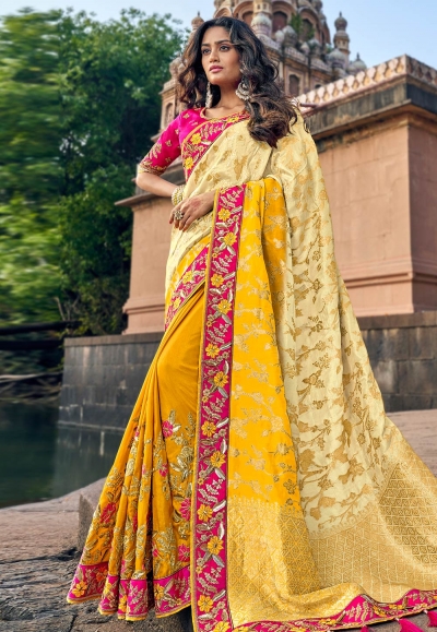 Cream silk embroidered festival wear saree 3806