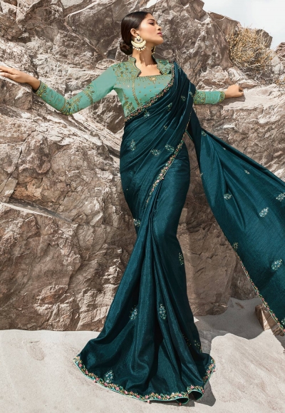 Teal blue barfi silk party wear saree 80009