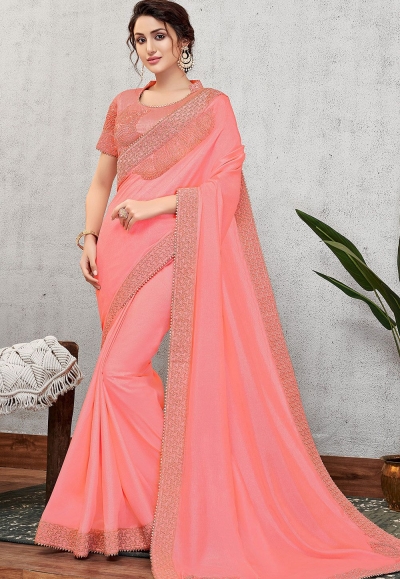traditional pink silk with cord embroidered saree 11403